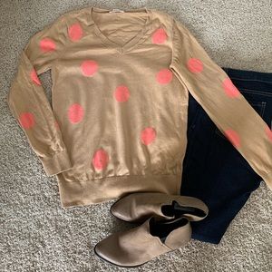 Loft tan and pink polka dot v-neck sweater